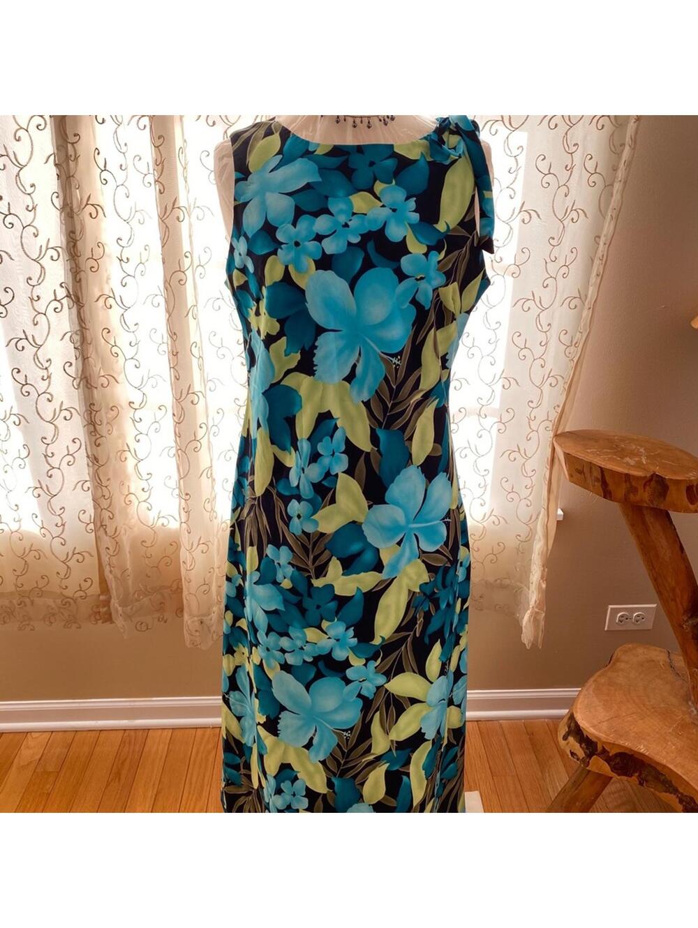 White Stag Floral Sleeveless Maxi Dress Blue Green Print L